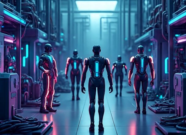 Vize futuristického města s roboty a pokročilou technologií