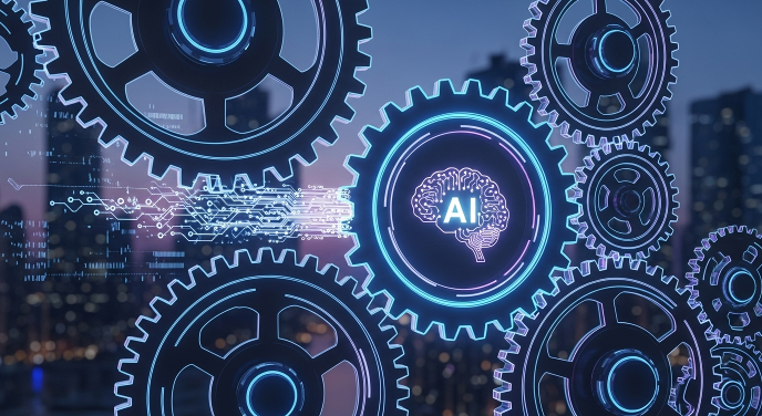 Propojená ozubená kola, která se synchronizovaně otáčejí, symbolizující automatizaci